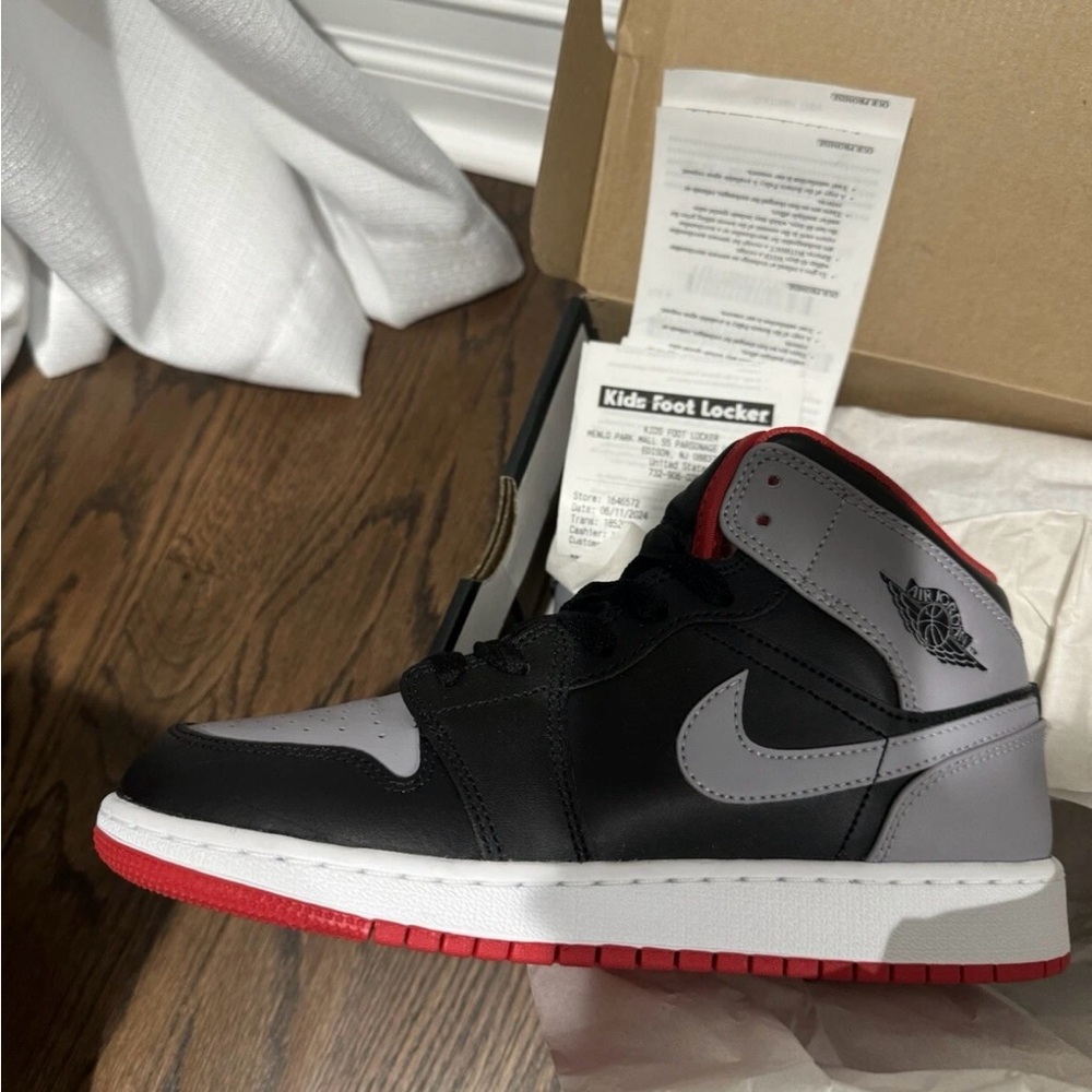 Jordan Air 1 Mid Black and Gray with Red Highlights size big kids 6